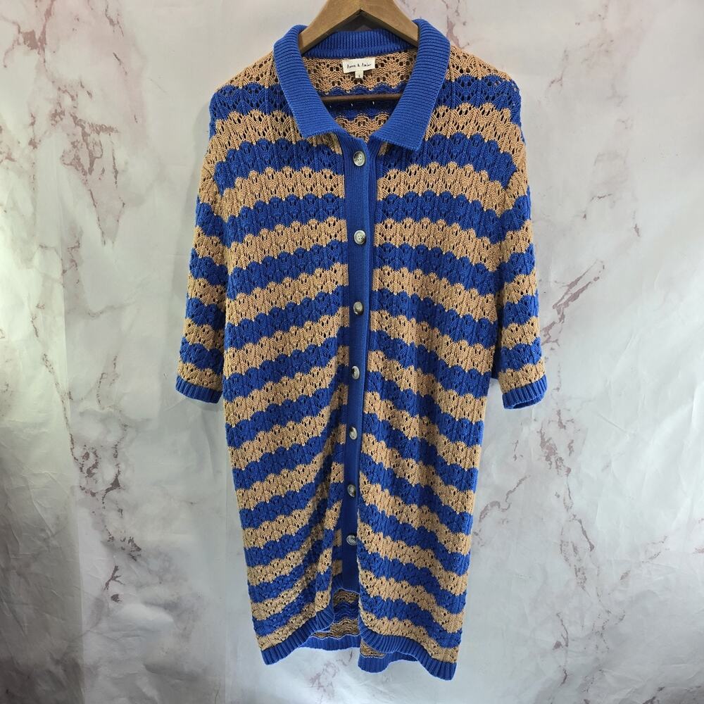 Anthropologie Dress Womens Large Blue Brown Sweater Polo Cover Up Aaron Amber